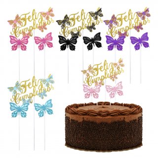 4 Pcs Topper Para Torta Feliz Cumpleaños Mariposa Glitter