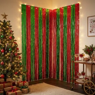 Cortina Navidad Verde Y Roja Metalizada Papa Noel
