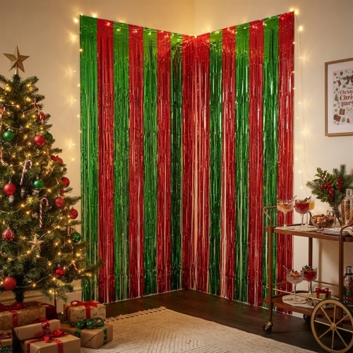 Cortina Navidad Verde Y Roja Metalizada Papa Noel